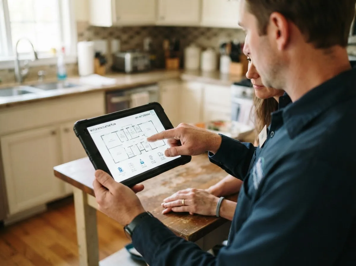 Water damage restoration technician inspecting a home in Noxon, MT